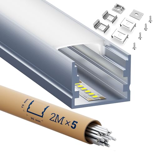 HOOLED 5 LED Aluminiumprofil 2 m,Lichtdiffusor-Schiene - Trockenbauprofil Größen 20 mm x 15 mm Mit milchweißer PC-Abdeckung Unterstützt die maximale Breite des LED-Streifens 15,3 mm von HOOLED