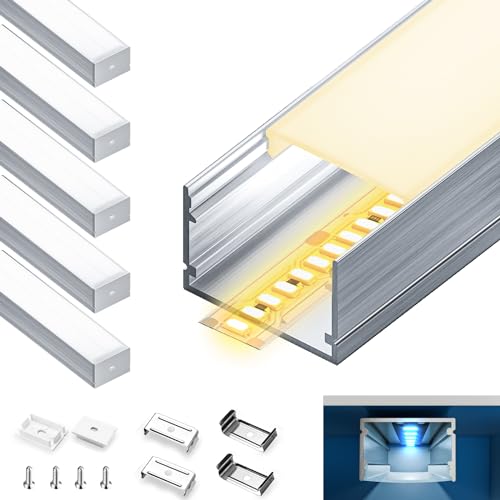 HOOLED LED Aluminium Profil für Streifen 2 m x 5 Stück LED Trockenbauprofil Größe 30 mm x 20 mm - Geeignet für alle Streifen bis 25 mm Mit mattem undurchsichtigem PC-Deckel von HOOLED