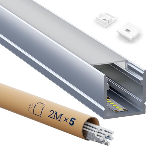 HOOLED LED Aluminium Profil für Streifen 2 m x 5 Stück LED Trockenbauprofil Größe 20 mm x 20 mm - Geeignet für alle Streifen bis 15,4 mm Mit mattem undurchsichtigem PC-Deckel von HOOLED