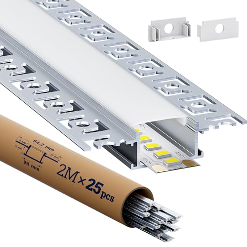 HOOLED 25 LED Profil 2m, Lichtdiffusor‑Schiene für LED‑Streifen – Trockenbauprofil 28mm (Flügel 64,2mm) x 10mm Unterstützt Streifen mit einer Maximalen Breite von 20,2mm Mit milchweißer PC-Abdeckung von HOOLED