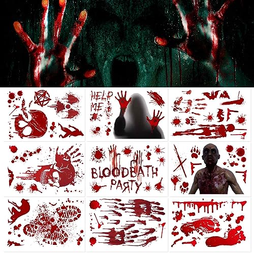 Halloween Blutige Aufkleber,Halloween Fensterbilder,9 Stück Handabdrücken Fußabdruck Bloodstains Horror Sticker,Halloween Aufkleber Set für Spukhaus Scary Party Fenster Badewanne Dekoration,20 x 30cm von HOOPOE