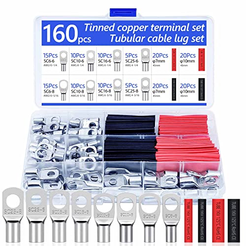Kabelschuhe Set,Quetschverbinder Set,160 Stück Kabelschuh Set 6mm²10mm16mm²25mm²,M6 M8 Verzinnt Kupfer Ringkabelschuhe Set,80 Pcs Kabelschuhe Flachstecker u 80 Pcs Schrumpfschlauch von HOOPOE