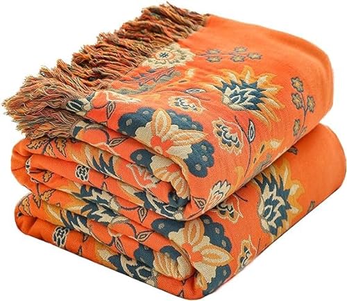 HOORDRY Sofa Doppelseitig Kuscheldecke Grün & Orange, Tagesdecke Boho 200×230cm,Baumwolle Sofaüberwurf Mit Fransen,Couch Überwurf Vielseitige Decke Für Sofagroße Tagesdecken Für Bett von HOORDRY