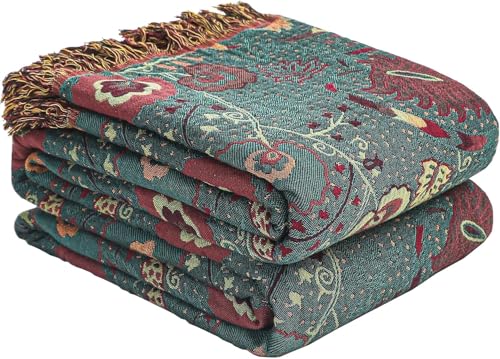 HOORDRY Boho Tagesdecke 100% Baumwolle - Doppelseitiger Musselin Bettüberwurf, Kuschelige Sofadecke & Wohnzimmer-Accessoire, Aesthetic Design200x230CM,Grün von HOORDRY
