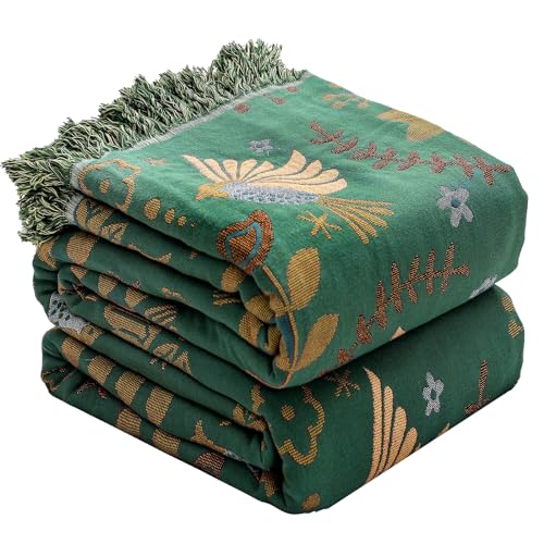 HOORDRY Boho Throw Decke für Bett - 100% Baumwolle Ultra Soft Rustic Quilt - Vogel Floral gedruckt Bauernhof Dekor Bettdecken, 200×230CM alle Saison rustikalen werfen für Sofa Couch Stuhl von HOORDRY