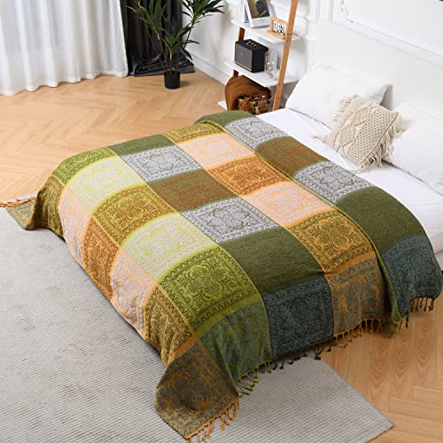 HOORDRY Chenille gewebte Tagesdecke 220x260CM,Sofadecke überwurf Decke für Couch Bett Sofa Stuhl,Doppelseitig Boho Decke mit Fransen, kuschelig weiche Couchdecke Wendedecke,Grün/gelb von HOORDRY