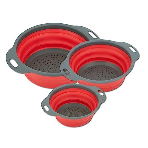 HOOZ 3x Faltbarer Seiher Sieb, Nudelsieb Silikon Klappbar, Spülmaschinenfestes Küchensieb, Umweltfreundlich Sieb Küche Perfekte für Ablassen Nudeln, Gemüse, Obst (Rund Rot) von HOOZ