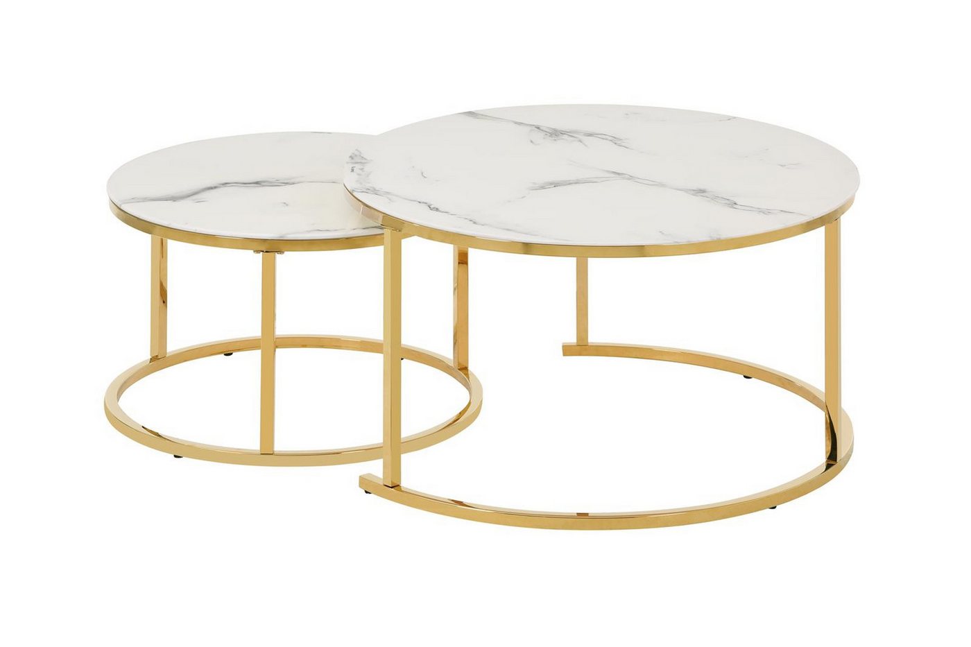 HOOZ Couchtisch Couchitsch 2er Set Rund Gold Marmor weiß (Wohnzimmertisch, 2 Tische), Höhe 45 cm von HOOZ