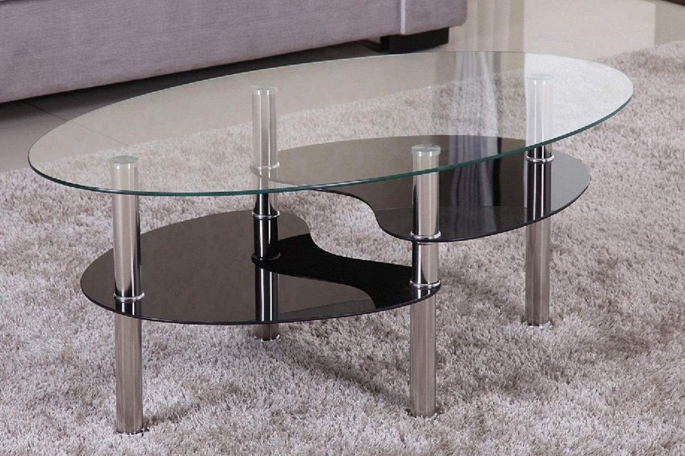 HOOZ Couchtisch HOOZ Couchtisch 98x55cm Klar Glas mit Ablagen in schwarz (Wohnzimmertisch, perfekt als Beistelltisch), Tischplatte Klarglas mit Ablage in Schwarz von HOOZ