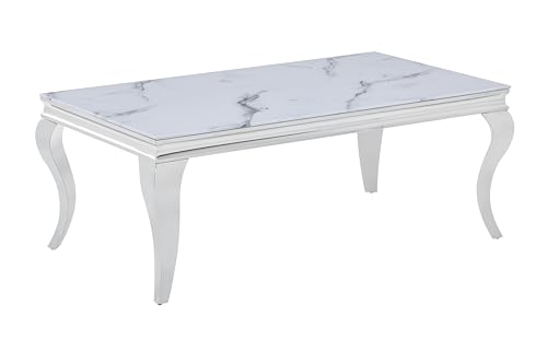 HOOZ Couchtisch 115x65x44 cm – Moderner Wohnzimmertisch mit Glasplatte & Metallgestell – Eleganter Designer Tisch für Wohnzimmer & Lounge (Chrome/Marmoroptik Weiß) von HOOZ