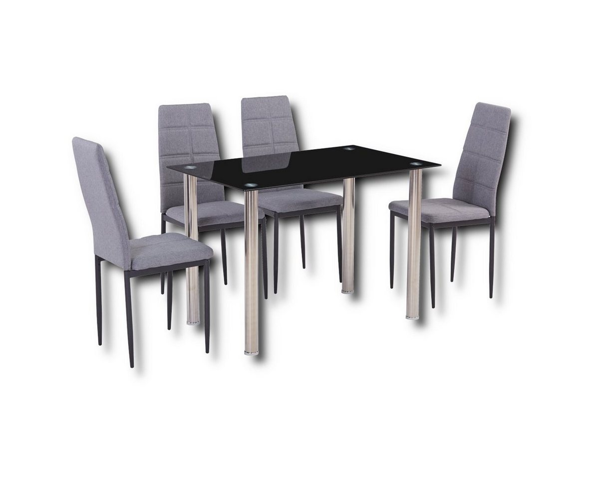 HOOZ Essgruppe fürs Esszimmer, Küche und Wohnzimmer Tischplatte 6 mm Sicherheitsglas, (Set, 5-tlg., Tisch mit 4 Stühlen), Tischplatte schwarz, Bezug Stühle grau von HOOZ