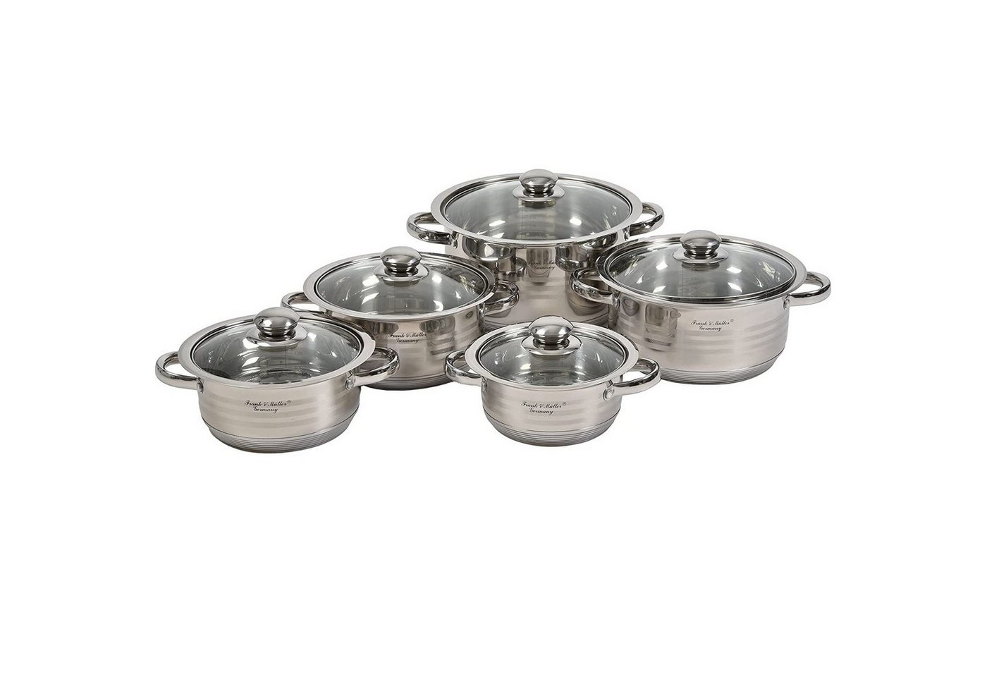 HOOZ Kochtopf Frank & Müler Topfset 5-teilig aus Edelstahl – induktionsgeeignet, Edelstahl (Topfset, 10-tlg., 5 Kochtöpfe mit Glasdeckeln: 1,6 l, 2,3 l, 3,1 l, 4,2 l, 6,3 l), Induktionsgeeignet, Thermoboden, innenliegende Messskala von HOOZ