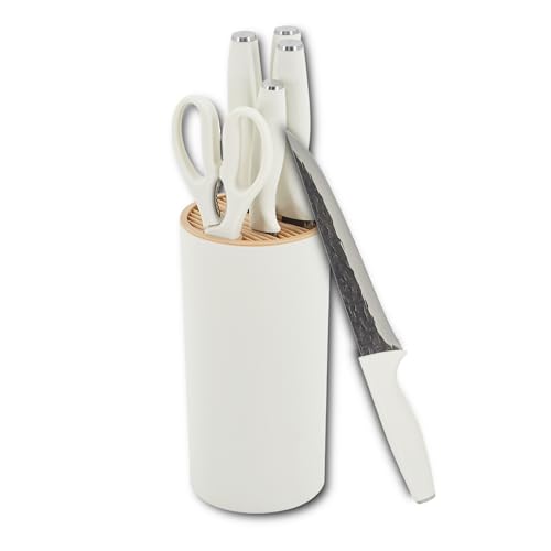 HOOZ Messerset 7teilig mit Messerblock - Küchenmesser Set mit Block in weiß - 5 Scharfe Messer & Schere - Perfekt für die erste Wohnung - Messerblock mit Messer Set für Fleisch Fisch Gemüse Obst von HOOZ
