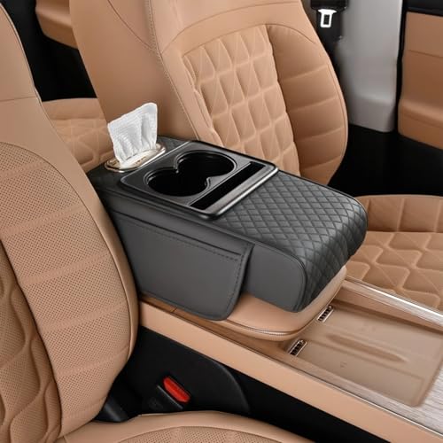 HOPASRISEE Multifunktionales Auto-Armlehnen-Kissen, Pu-Leder Armlehne Auto Universal mit GeträNkehalter & Taschentuchbox, Ergonomisch Auto Organizer Mittelkonsole(Grau,Geprägt) von HOPASRISEE