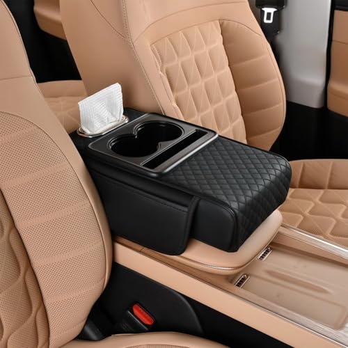 HOPASRISEE Multifunktionales Auto-Armlehnen-Kissen, Pu-Leder Armlehne Auto Universal mit GeträNkehalter & Taschentuchbox, Ergonomisch Auto Organizer Mittelkonsole(Schwarz,Geprägt) von HOPASRISEE