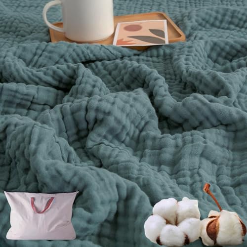 HOPASRISEE Musselin Decke, Sommer Musselin Decke Erwachsene, 100% Natürliche MusselinBaumwolle, Kühle, Weich Und Atmungsaktiv as Cuddly Blanket, Bed, Couch Throw (Dunkelgrün,Normal(130x150)) von HOPASRISEE
