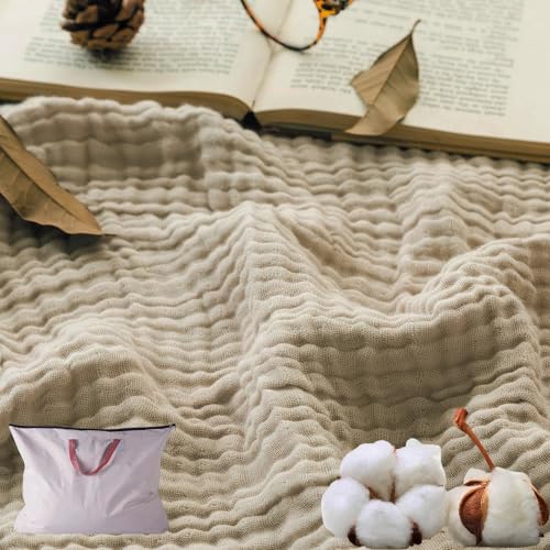 HOPASRISEE Musselin Decke, Sommer Musselin Decke Erwachsene, 100% Natürliche MusselinBaumwolle, Kühle, Weich Und Atmungsaktiv as Cuddly Blanket, Bed, Couch Throw (Hellbeige,Normal(130x150)) von HOPASRISEE