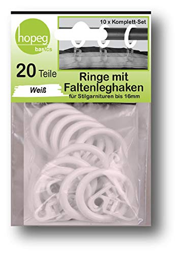 HOPEG Gardinenringe mit Faltenlegehaken | 10x Komplett-Set weiß | für Stilgarnituren bis 16mm von HOPEG