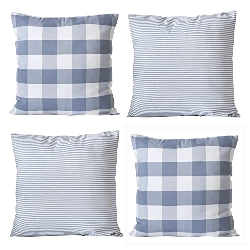 HOPLEE Plaid Kissenbezüge 50 x 50 cm hellblau und weiß Kissenbezug mit Büffelkaro & Streifen Design 4 Stück von HOPLEE