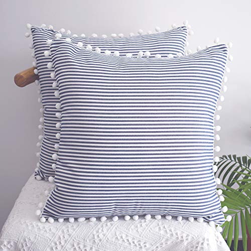 Hoplee 4er-Set dekorative Pom Kissenbezüge 45,7 x 45,7 cm Bauernhaus Kissenbezüge 18"x18" Marineblau gestreift Pom von HOPLEE
