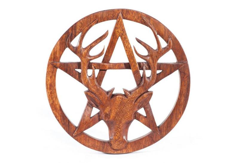 HOPLO Wanddekoobjekt Wandschmuck Hirsch Kopf und Pentagramm Holz geschnitztes Ornament Holz von HOPLO