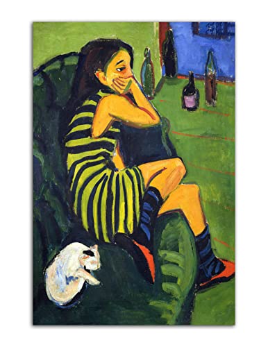 Ernst Ludwig Kirchner Kunst Gemälde Mädchen und Katze Ölgemälde Poster Wandkunst Bild Druck Leinwand Kunst Gemälde Zimmer Ästhetik Dekoration Poster (50x75cm-Ohne Rahmen) von HOPNRU
