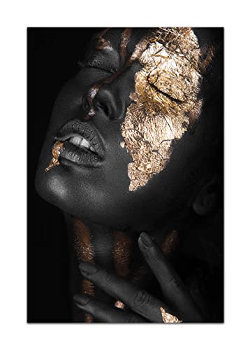 HOPNRU Afrikanische Frau Gold Und Schwarze Frau Portrait Poster Wandkunst Bild Print Leinwand Malerei Moderne Wohnzimmer Schlafzimmer Dekor (80x120cm-Ohne Rahmen) von HOPNRU