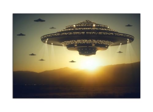 HOPNRU Alien-Invasion, fliegende Untertasse, Universum, Raumschiff, UFO-Poster, Wandkunst, Bilddruck, Leinwandgemälde, moderne Dekoration für Zuhause, Wohnzimmer, Büro (70x106cm-Ohne Rahmen) von HOPNRU