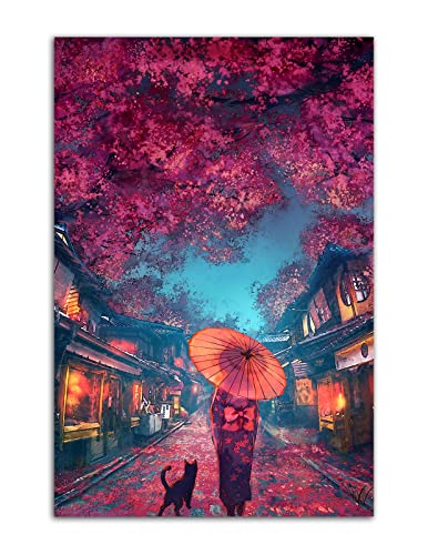 HOPNRU Street Geisha Mädchen und Hund Wandkunst Bild Japanisches rotes Blatt Street View Poster Druck Leinwand Gemälde Modernes Zuhause Schlafzimmer Badezimmer Dekor (30x45cm-Ohne Rahmen) von HOPNRU