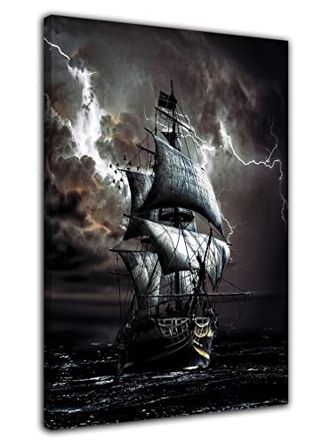 HOPNRU Stürmisches Meer Piratenschiff Schwarzes Segelboot Poster Wandkunst Bild Druck Leinwand Malerei Modernes Zuhause Wohnzimmer Dekor Poster(30x45cm-Gerahmt) von HOPNRU