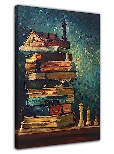 Vintage kreative Schach und Buch Ölgemälde Poster Wand Kunst Bild Druck Leinwand Malerei moderne Studie Büro Dekoration Poster (40x60cm-Gerahmt) von HOPNRU