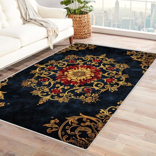 HOQIU Kurzflor Teppiche Abstrakter Blumendruck mit Weinrebe Teppich Wohnzimmer, Teppich Schlafzimmer, Teppiche, Deko Home.(Gelb)-150x240cm von HOQIU