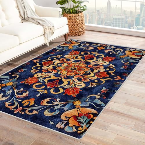 HOQIU Kurzflor Teppiche Abstrakter Blumendruck mit Weinrebe Teppich Wohnzimmer, Teppich Schlafzimmer, Teppiche, Deko Home.(Gelb)-90x150cm von HOQIU
