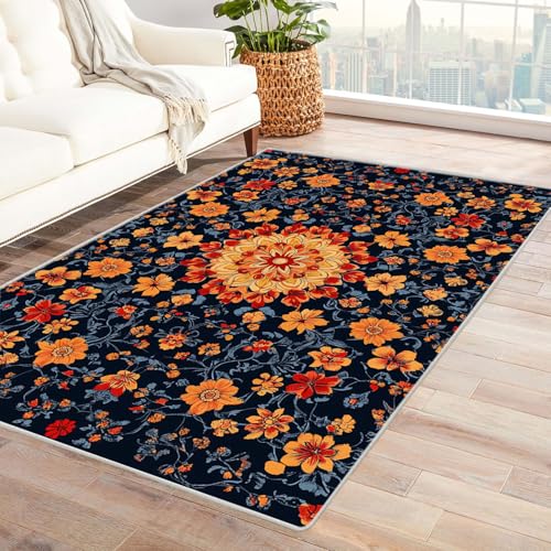 HOQIU Kurzflor Teppiche Abstrakter Blumendruck mit Weinrebe Teppich Wohnzimmer, Teppich Schlafzimmer, Teppiche, Deko Home.(blau)-90x120cm von HOQIU
