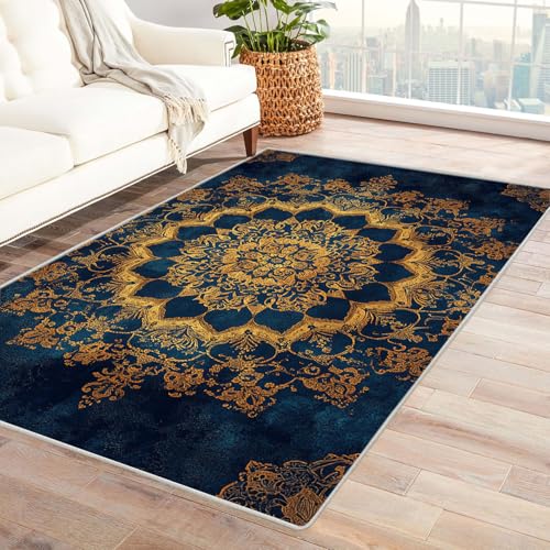 HOQIU Kurzflor Teppiche Abstrakter Blumendruck mit Weinrebe TeppichWohnzimmer, Teppich Schlafzimmer, teppiche Flur, Balkon Teppich, Zuhause Deko.(Gelb)-150x180cm von HOQIU