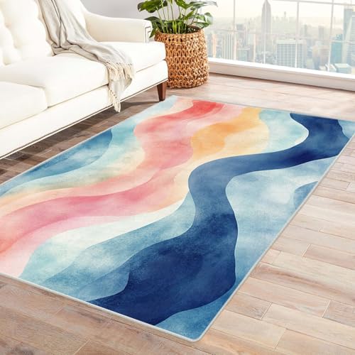 HOQIU Kurzflor Teppiche Abstrakter Wellendruck Teppich Wohnzimmer, Teppich Schlafzimmer, Teppiche, Deko Home.(Gelb)-120x180cm von HOQIU