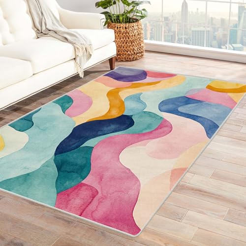 HOQIU Kurzflor Teppiche Abstrakter Wellendruck TeppichWohnzimmer, Teppich Schlafzimmer, teppiche Flur, Balkon Teppich, Zuhause Deko.(Gelb)-210x270cm von HOQIU