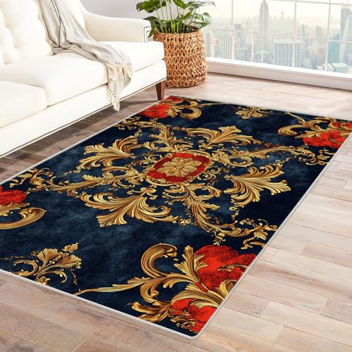 HOQIU Teppiche Abstrakter Blumendruck mit Weinrebe Teppich, Wohnzimmer Teppich, Teppiche Wohnzimmer Bunt, Carpet Bedroom, Zimmer Deko.(Gelb)-90x120cm von HOQIU