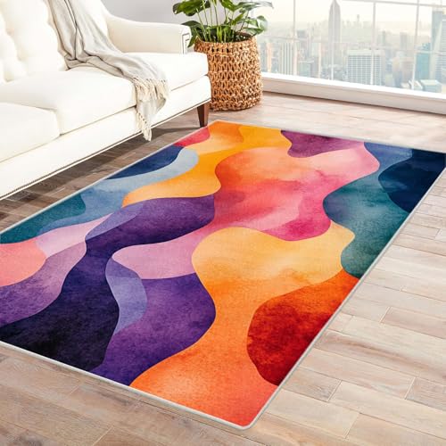 HOQIU Teppiche Abstrakter Wellendruck Teppich, Wohnzimmer Teppich, Teppiche Wohnzimmer Bunt, Carpet Bedroom, Zimmer Deko.(Gelb)-210x270cm von HOQIU