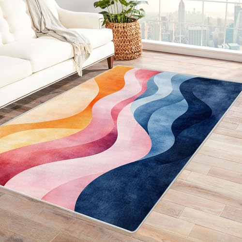 HOQIU Teppiche Groß Abstrakter Wellendruck Teppich Wohnzimmer, Teppich Schlafzimmer, Teppiche, Deko Home.(Gelb)-150x180cm von HOQIU