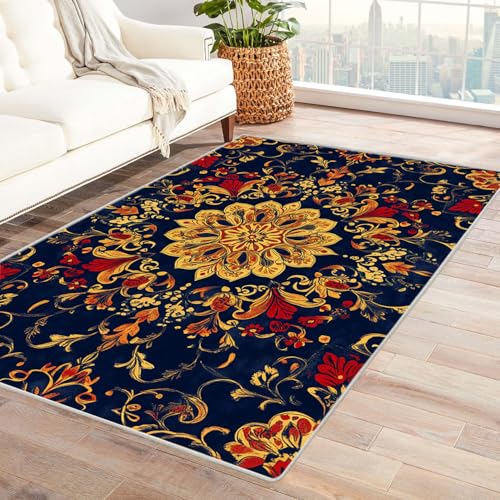HOQIU Teppiche Modern Abstrakter Blumendruck mit Weinrebe Teppich, Wohnzimmer Teppich, Teppiche Wohnzimmer Bunt, Carpet Bedroom, Zimmer Deko.(Gelb)-90x120cm von HOQIU