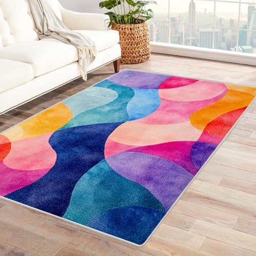 HOQIU Teppiche Modern Abstrakter Wellendruck Teppich, Wohnzimmer Teppich, Teppiche Wohnzimmer Bunt, Carpet Bedroom, Zimmer Deko.(Gelb)-60x90cm von HOQIU