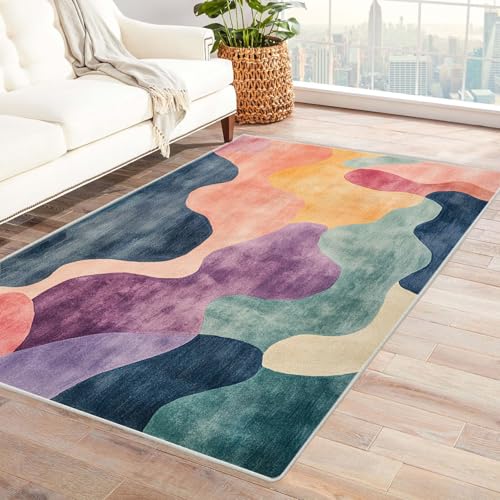HOQIU Teppiche Modern Abstrakter Wellendruck TeppichWohnzimmer, Teppich Schlafzimmer, teppiche Flur, Balkon Teppich, Zuhause Deko.(Gelb)-180x240cm von HOQIU