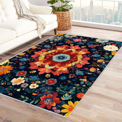 HOQIU Waschbare Teppiche Abstrakter Blumendruck mit Weinrebe Teppich, Wohnzimmer Teppich, Teppiche Wohnzimmer Bunt, Carpet Bedroom, Zimmer Deko.(Gelb)-150x210cm von HOQIU