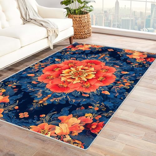 HOQIU Waschbare Teppiche Abstrakter Blumendruck mit Weinrebe Teppich, Wohnzimmer Teppich, Teppiche Wohnzimmer Bunt, Carpet Bedroom, Zimmer Deko.(blau)-180x270cm von HOQIU