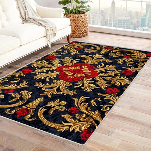 HOQIU Waschbare Teppiche Abstrakter Blumendruck mit Weinrebe Teppich Wohnzimmer, Teppich Schlafzimmer, Teppiche, Deko Home.(Gelb)-240x300cm von HOQIU