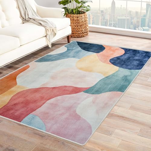 HOQIU Waschbare Teppiche Abstrakter Wellendruck Teppich, Wohnzimmer Teppich, Teppiche Wohnzimmer Bunt, Carpet Bedroom, Zimmer Deko.(Gelb)-90x150cm von HOQIU