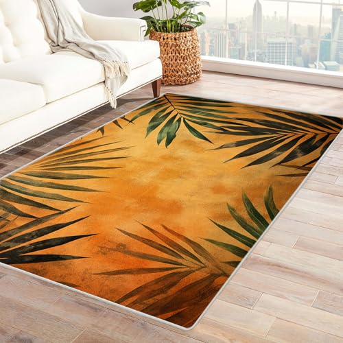 HOQIU Waschbare Teppiche Abstrakter botanischer Druck Teppich Wohnzimmer, Teppich Schlafzimmer, Teppiche, Deko Home.(Gelb)-120x150cm von HOQIU