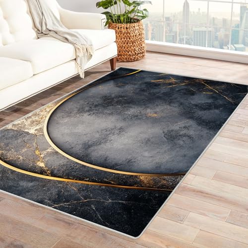 HOQIU Waschbare Teppiche Abstrakter schwarzer Grafikdruck Teppich Wohnzimmer, Teppich Schlafzimmer, Teppiche Amazon, Deko Home.(Gold)-240x300cm von HOQIU