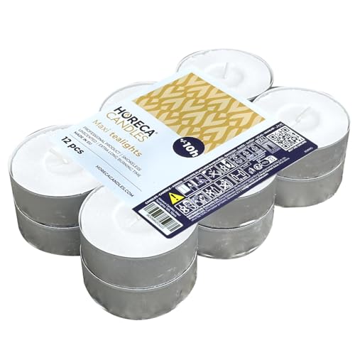 Horeca Candles – Maxi Teelichter weiß – unparfümiert – 12 Stück – große Teelichter 57 x 22 mm – Brenndauer 10 Stunden – Tee Light Wachs auslaufsicher – 1 Set mit 12 Teelichtern Horeca Candles – Maxi Teelichter weiß – unparfümiert – 12 Stück – große Teelichter 57 x 22 mm – Brenndauer 10 Stunden – Tee Light Wachs auslaufsicher – 1 Set mit 12 Teelichtern von HORECA CANDLES